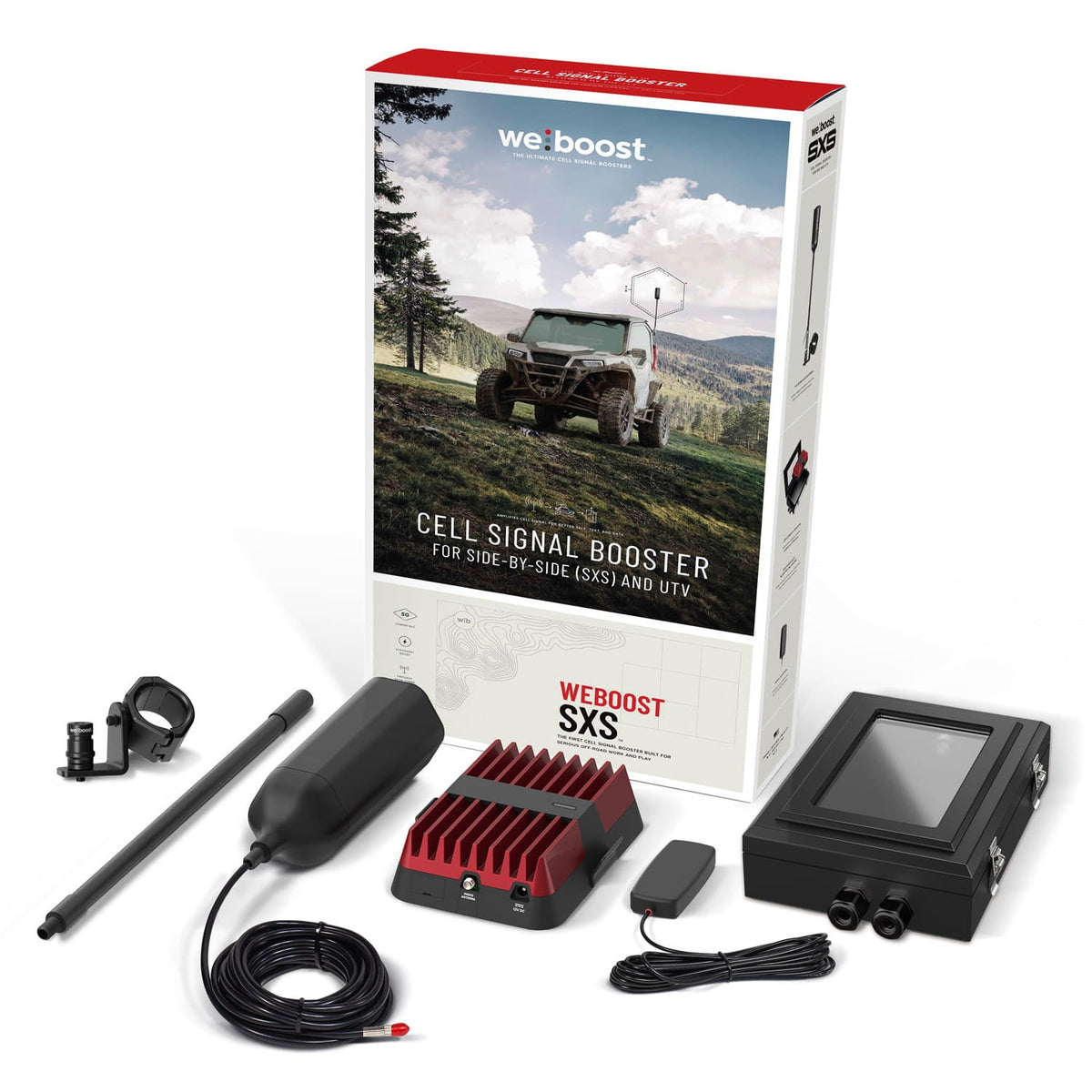 weBoost SxS cell signal booster for side by sides and UTVs with the box, amplifier, enclosure, antenna, and clamp