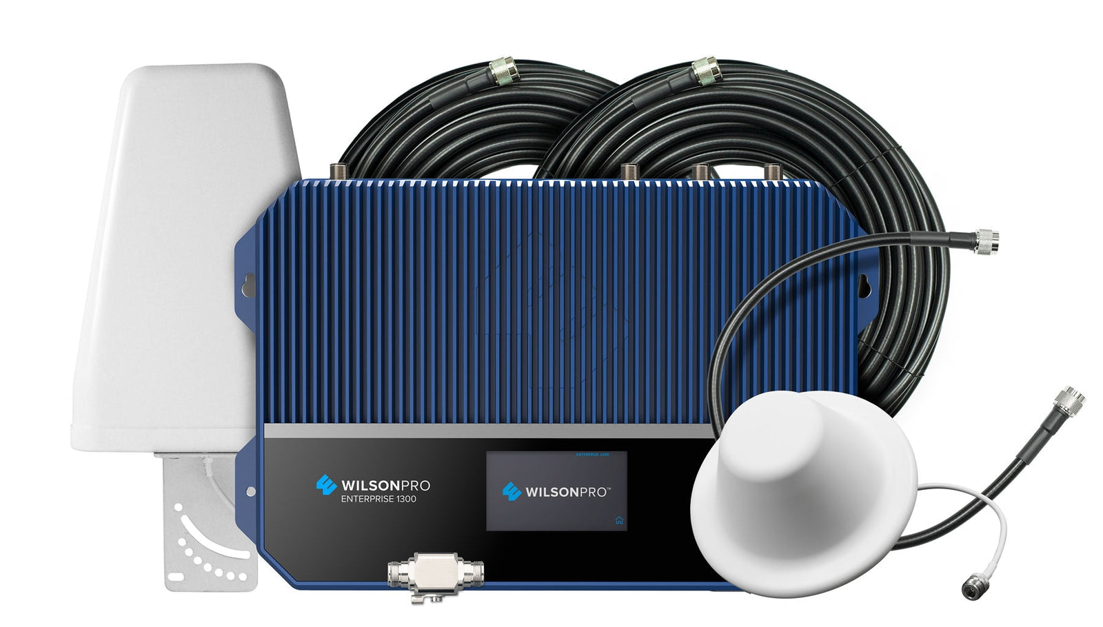 WilsonPro Enterprise 1300 commercial signal booster system with amplifier, antennas, and coax cable
