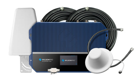 WilsonPro Enterprise 1300 commercial signal booster system with amplifier, antennas, and coax cable